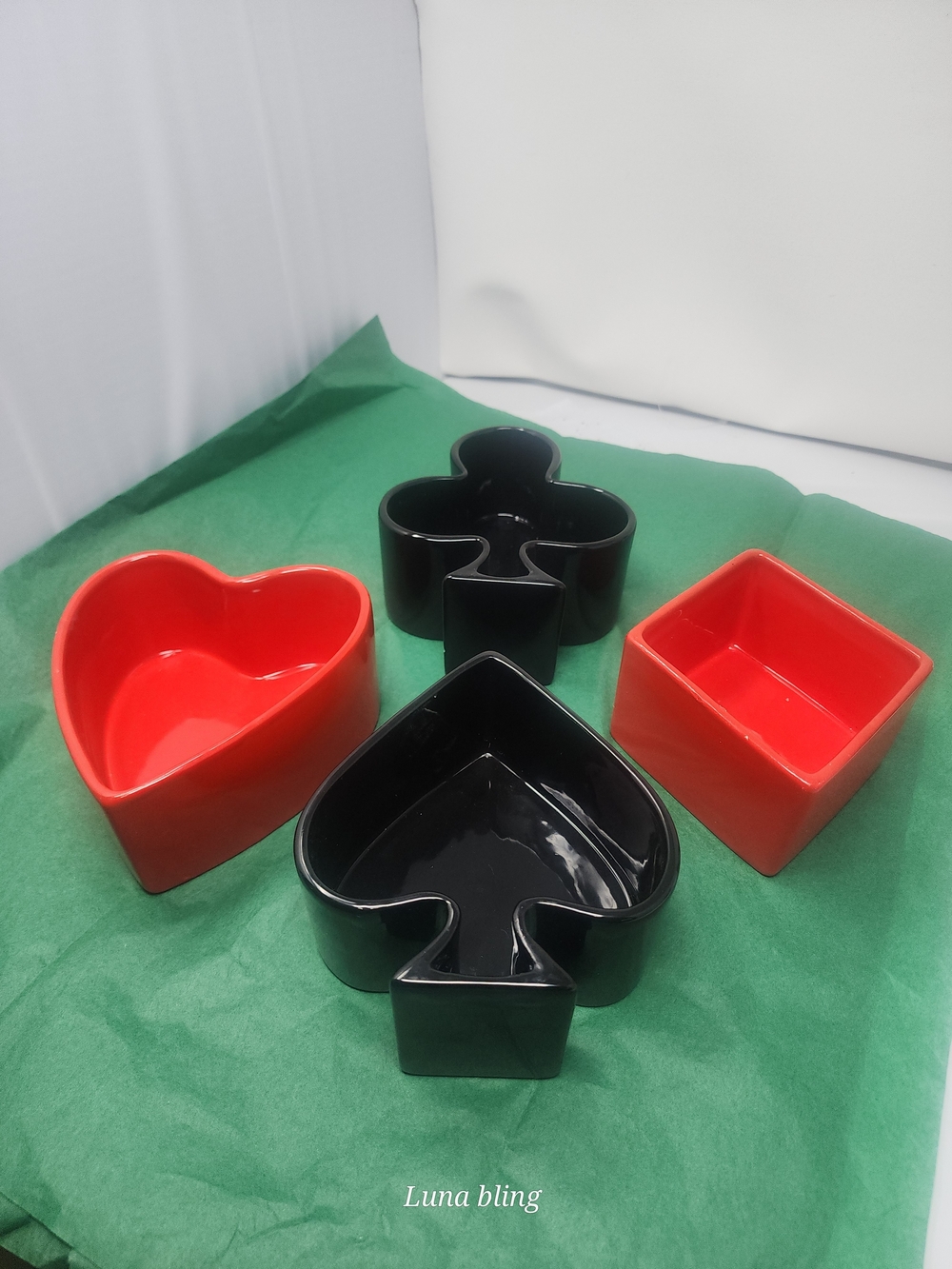Red and Black Ceramic Card Suit Dishes - Heart, Spade, Club, Diamond